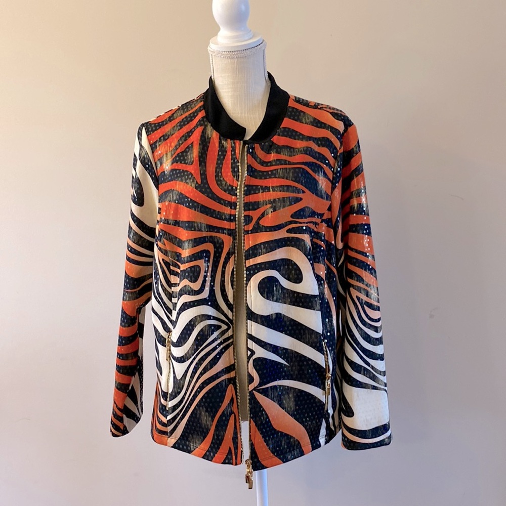 FRANK LYMAN design animal / tropical shinny print jacket zip up formal 18